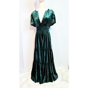Anthropologie | The Somerset Maxi Dress Velvet Edition Tiered Green | Sz XS